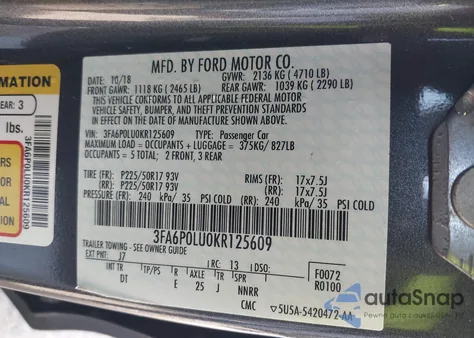 2019 Ford Fusion Hybrid Se from USA, damaged, VIN 3FA6P0LU0KR125609